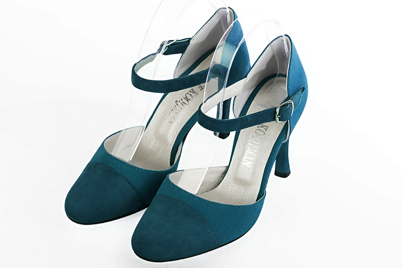 Peacock blue women's open side shoes, with an instep strap. Round toe. Very high slim heel. Front view - Florence KOOIJMAN